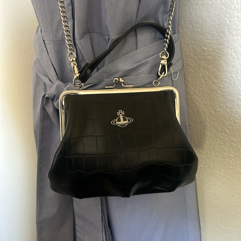 Vivienne Westwood Croc Embossed Frame Bag Black Chain Strap Like New - Picture 5 of 12
